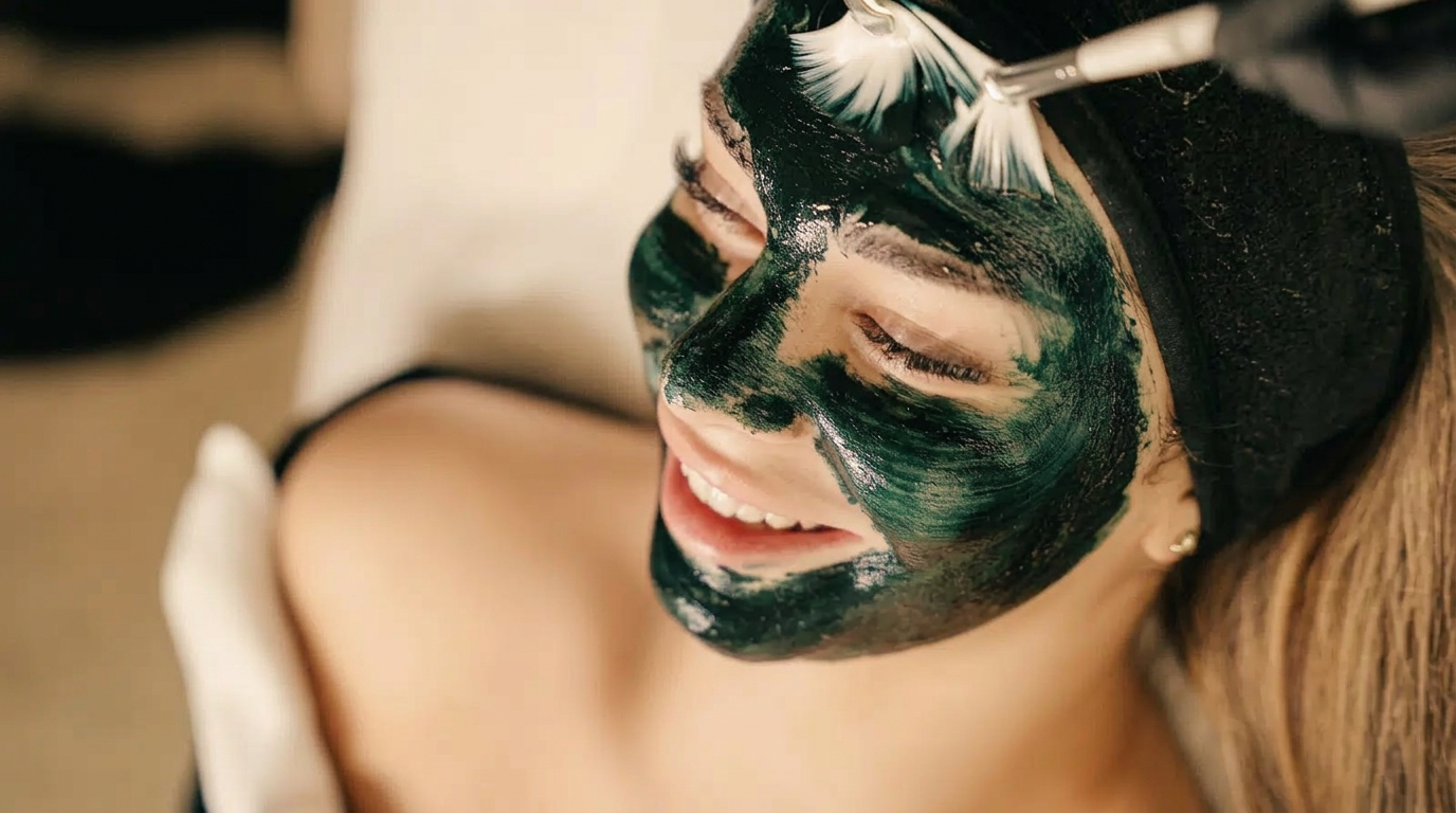 Lachende Kundin, der eine grüne BiopeelX®-Maske mit dem Pinsel aufgetragen wird